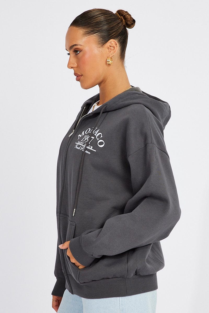 Grey Zip Hoodie Long Sleeve Graphic Print for Ally Fashion