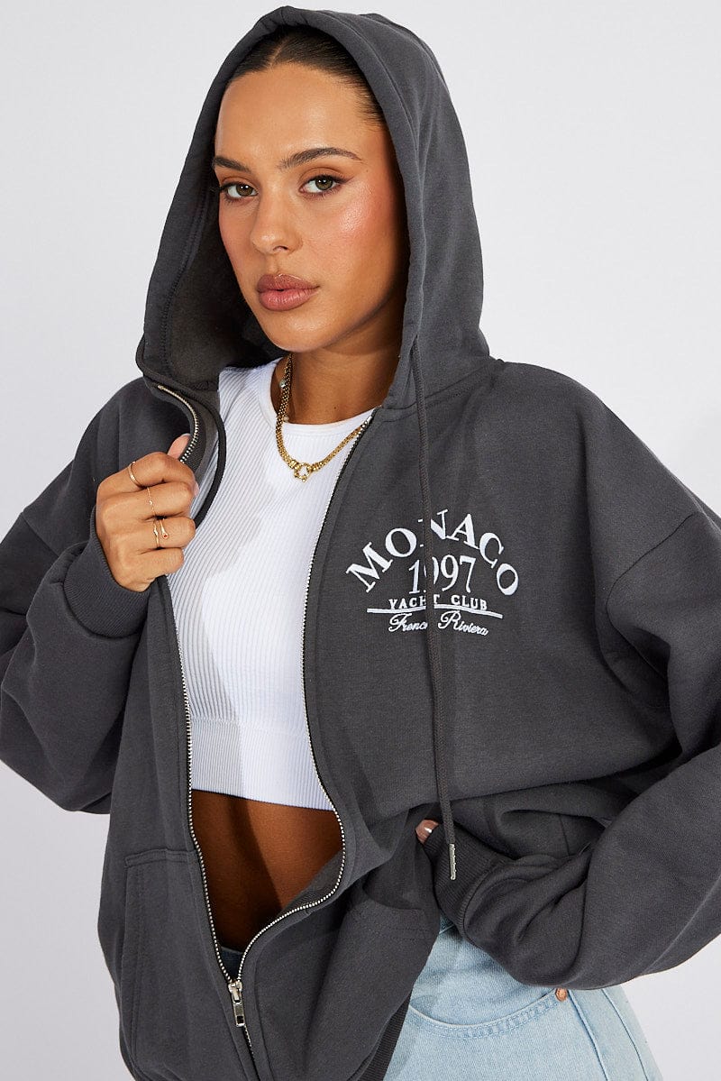 Grey Zip Hoodie Long Sleeve Graphic Print for Ally Fashion