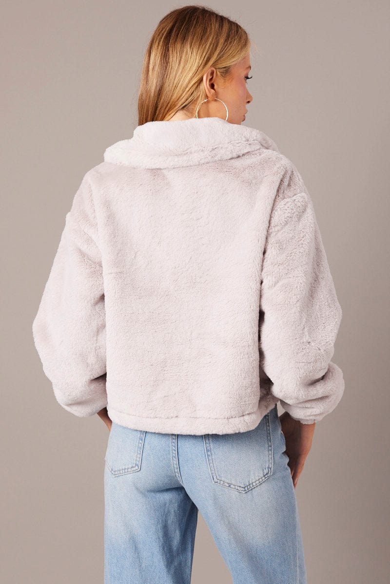 Grey Jacket Long Sleeve Faux Fur for Ally Fashion