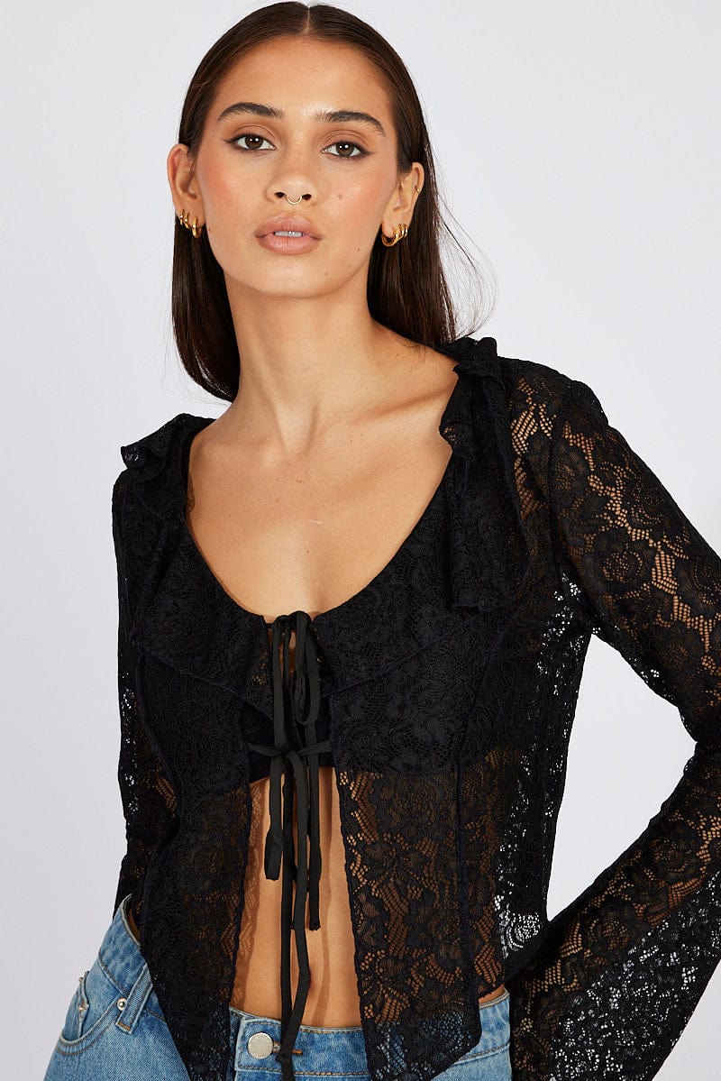 Black Lace Tie Up Top Long Sleeve for Ally Fashion