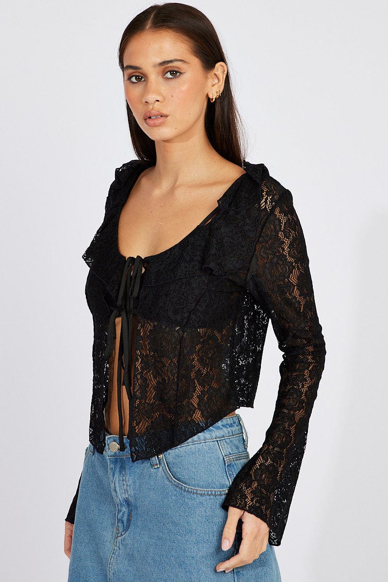 Black Lace Tie Up Top Long Sleeve for Ally Fashion