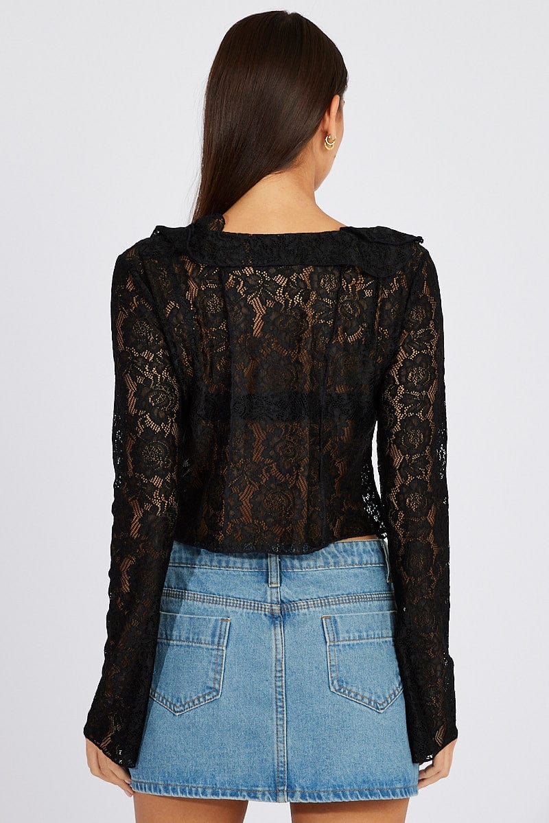 Black Lace Tie Up Top Long Sleeve for Ally Fashion