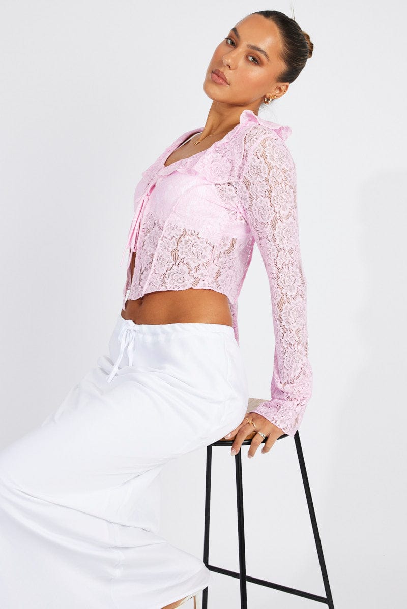 Pink Lace Tie Up Top Long Sleeve for Ally Fashion