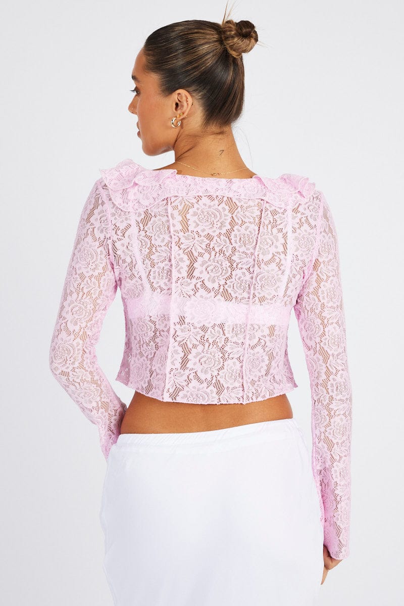 Pink Lace Tie Up Top Long Sleeve for Ally Fashion