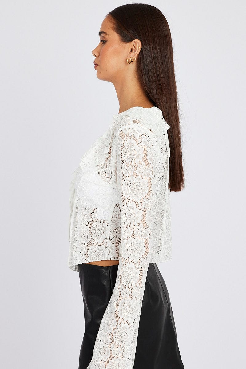 White Lace Tie Up Top Long Sleeve for Ally Fashion