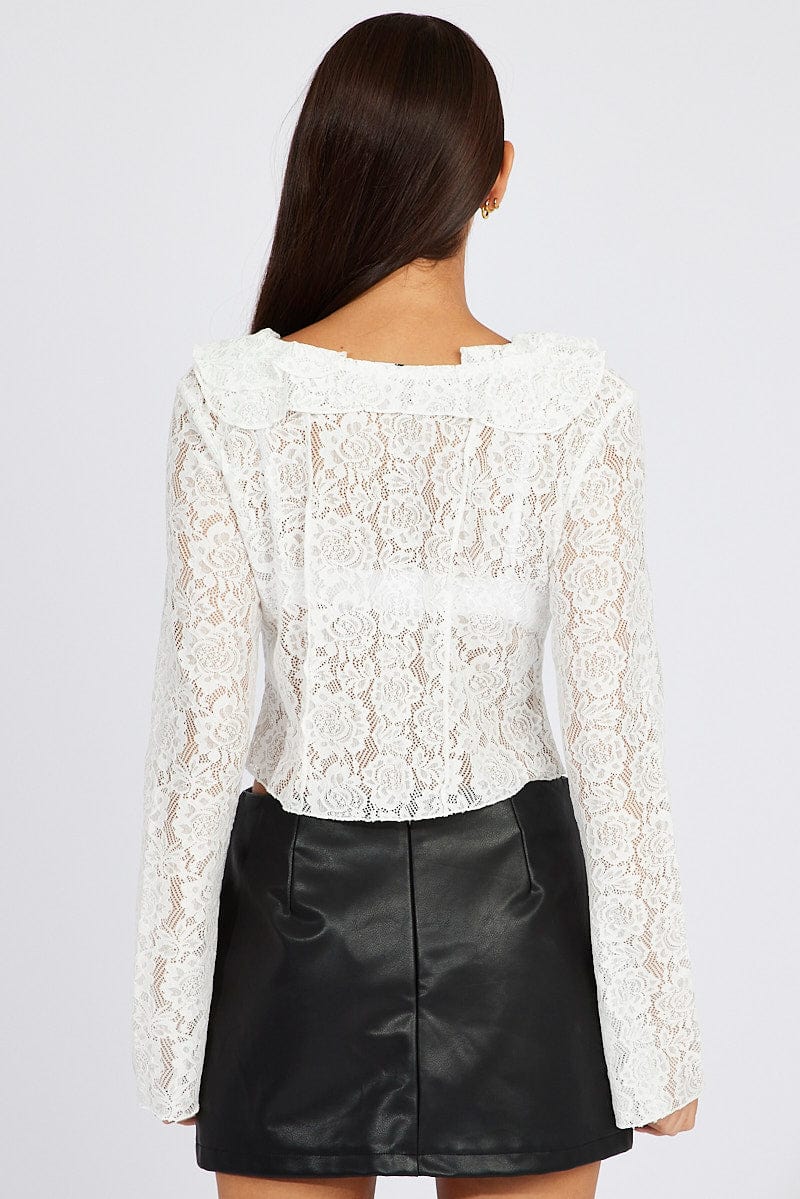 White Lace Tie Up Top Long Sleeve for Ally Fashion
