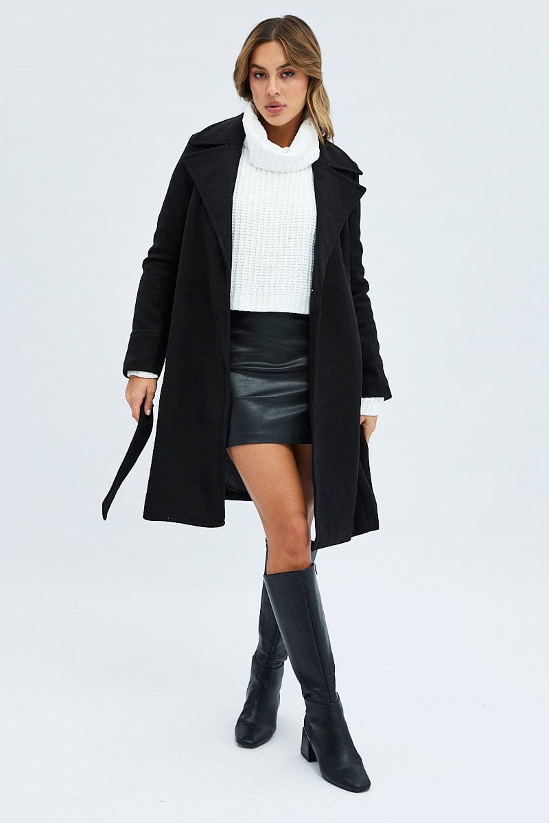 Black Tie Front Coat Knee Length for Ally Fashion