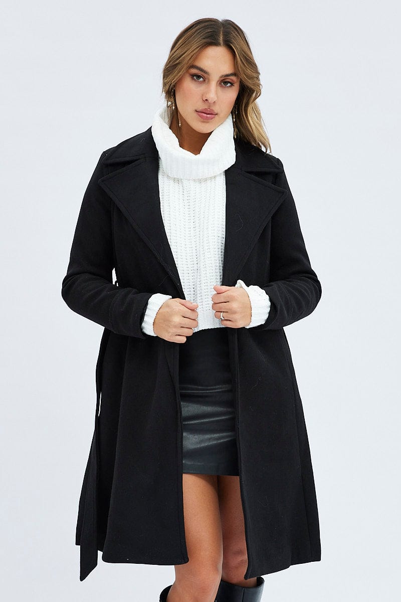 Black Tie Front Coat Knee Length for Ally Fashion