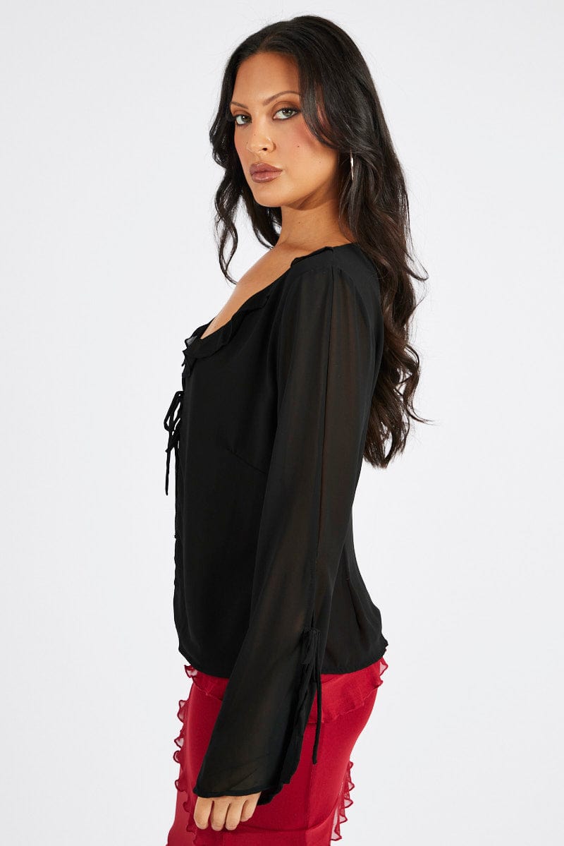 Black Frill Split Top Tie Front Long Sleeve Ally Fashion