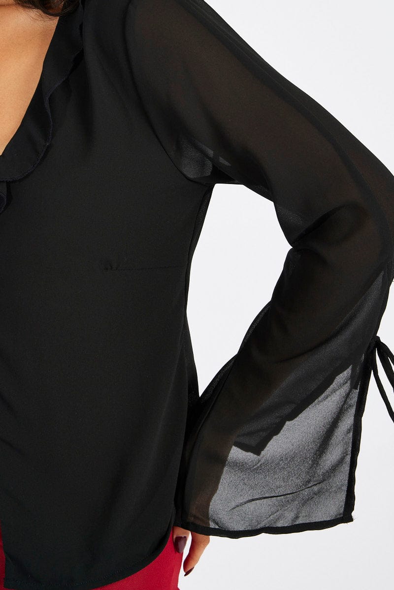 Black Frill Split Top Tie Front Long Sleeve for Ally Fashion
