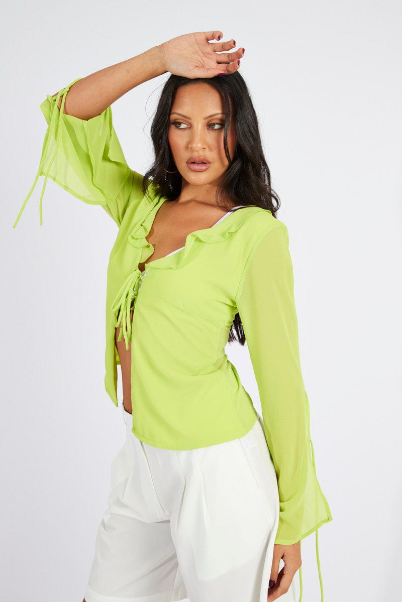 Green Frill Split Top Tie Front Long Sleeve for Ally Fashion