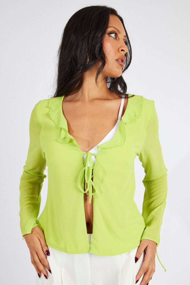 Green Frill Split Top Tie Front Long Sleeve for Ally Fashion