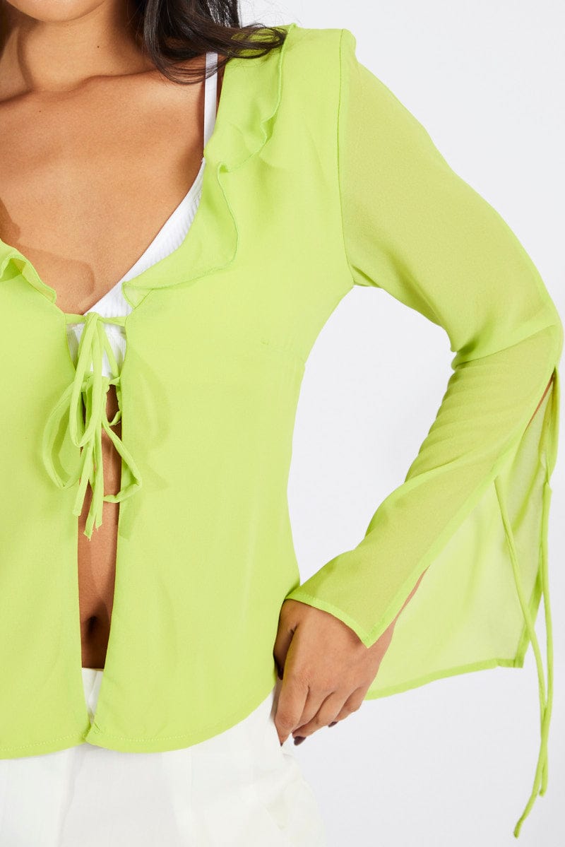 Green Frill Split Top Tie Front Long Sleeve for Ally Fashion