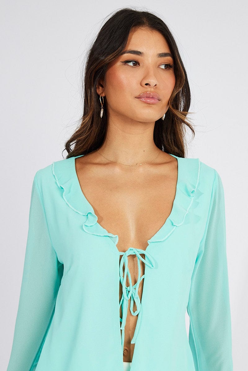 Blue Frill Split Top Tie Front Long Sleeve for Ally Fashion