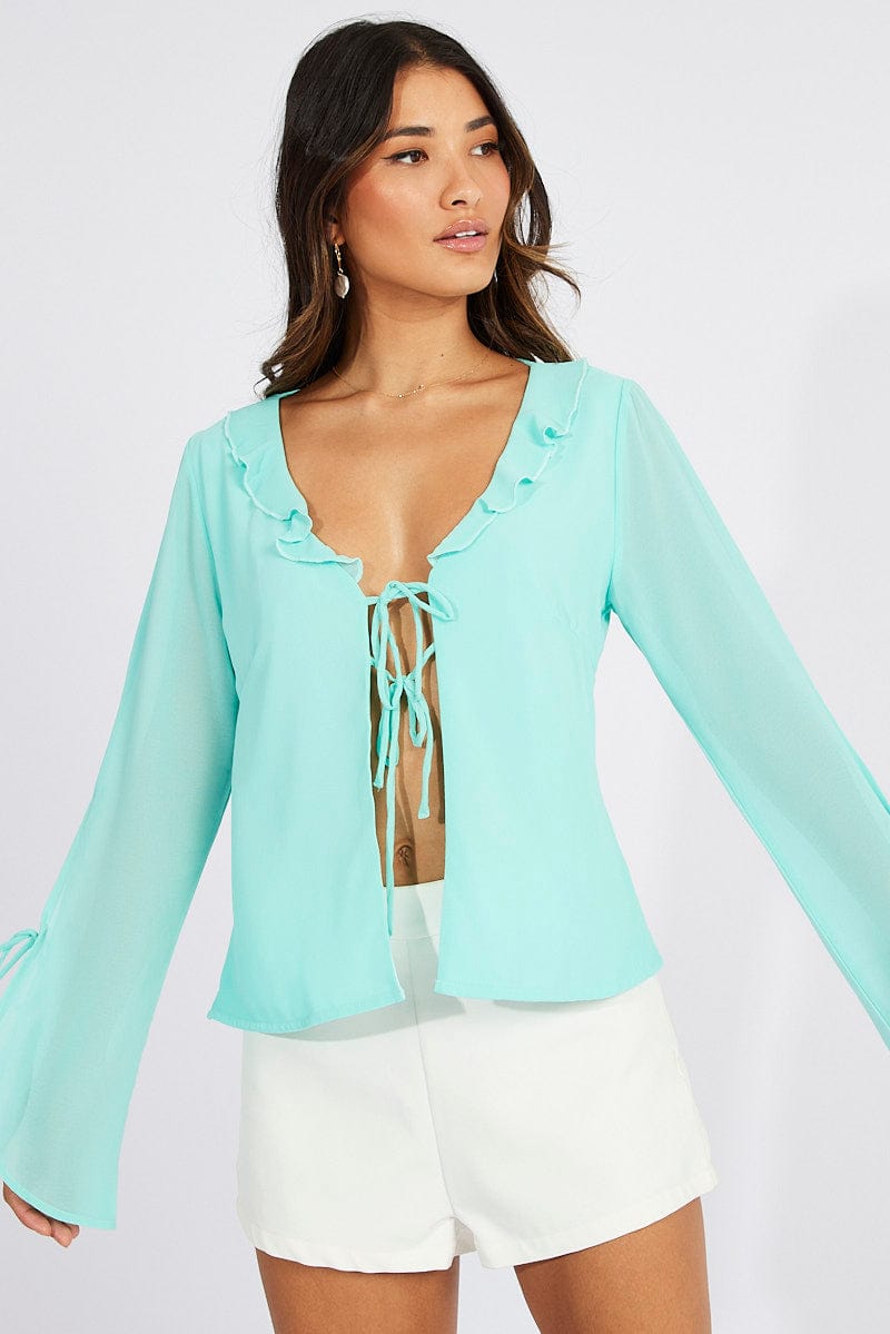 Blue Frill Split Top Tie Front Long Sleeve for Ally Fashion