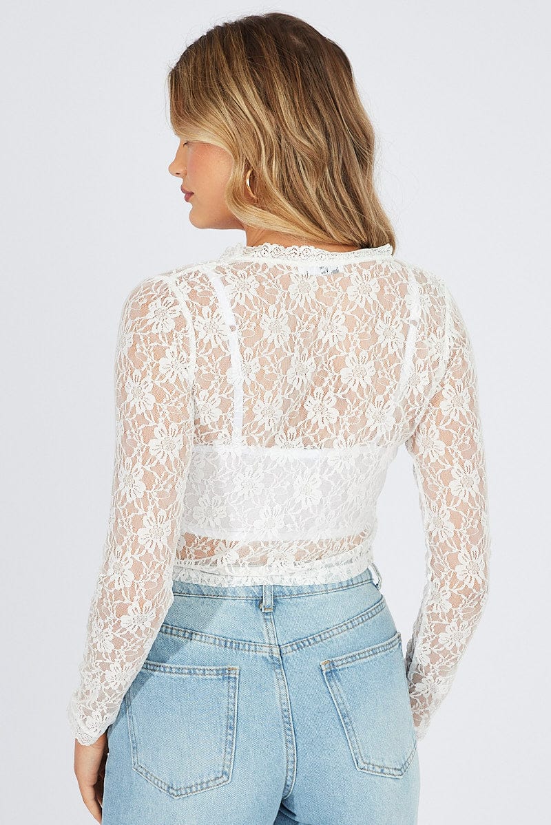 White Lace Top Tie Front Long Sleeve for Ally Fashion