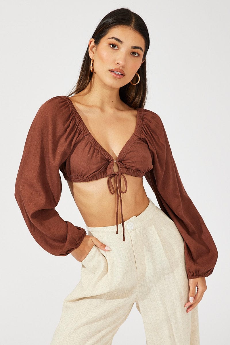 Brown Tie Crop Top Long Sleeve for Ally Fashion