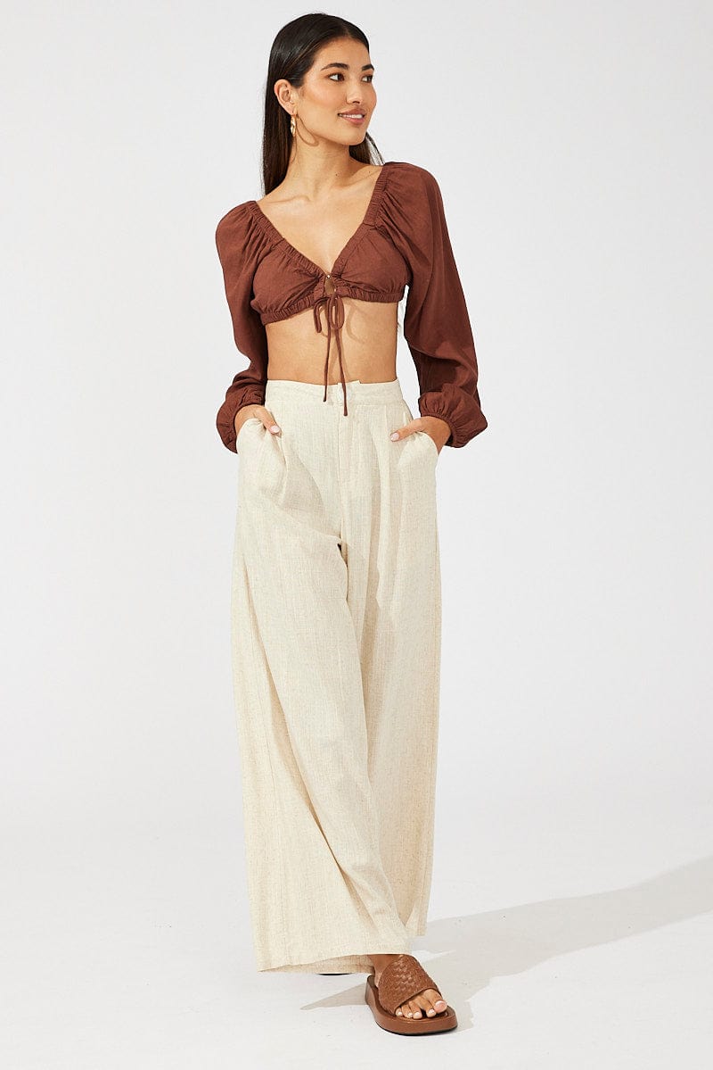 Brown Tie Crop Top Long Sleeve for Ally Fashion