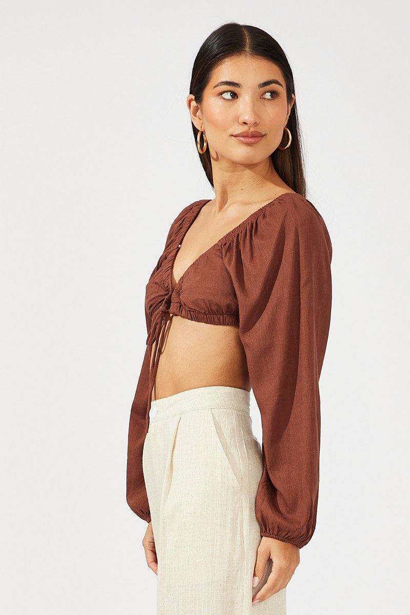 Brown Tie Crop Top Long Sleeve for Ally Fashion