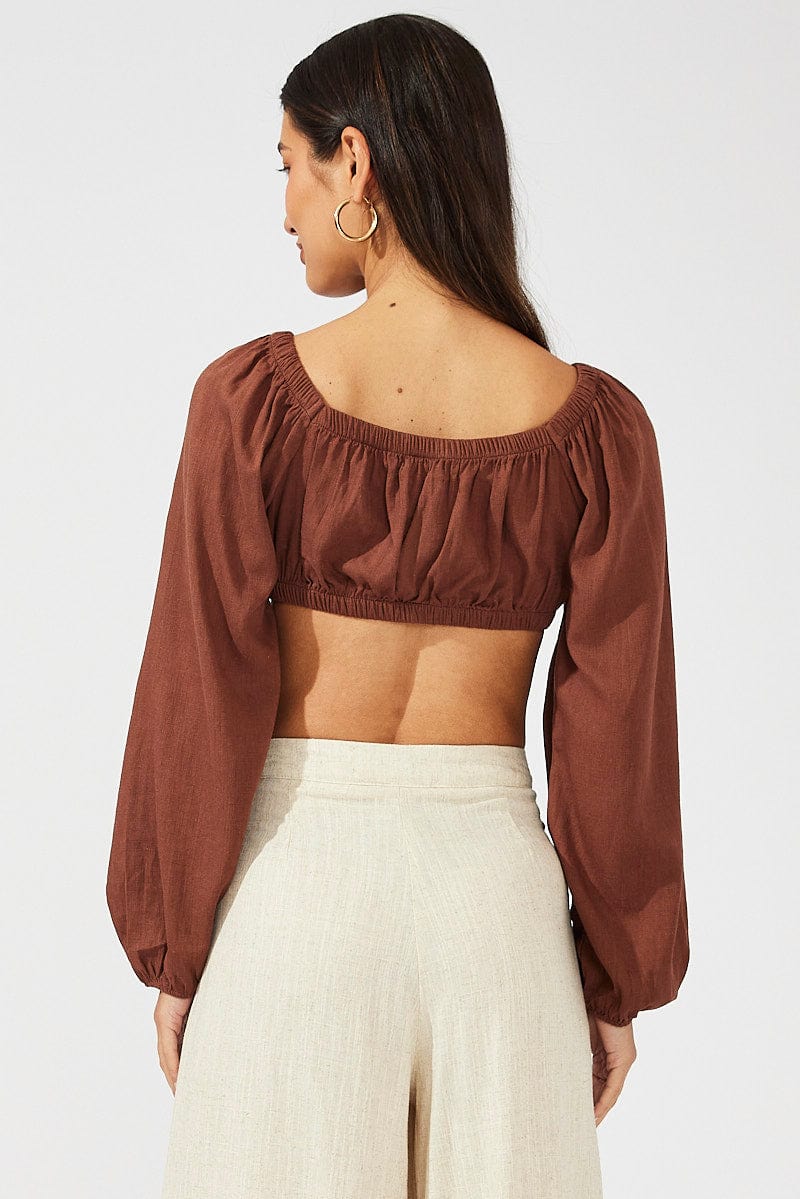 Brown Tie Crop Top Long Sleeve for Ally Fashion