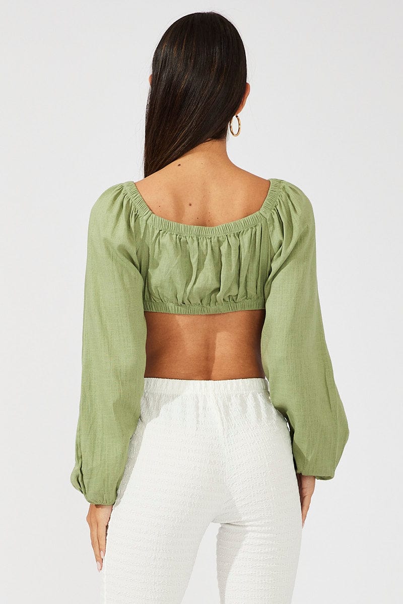 Green Tie Crop Top Long Sleeve for Ally Fashion