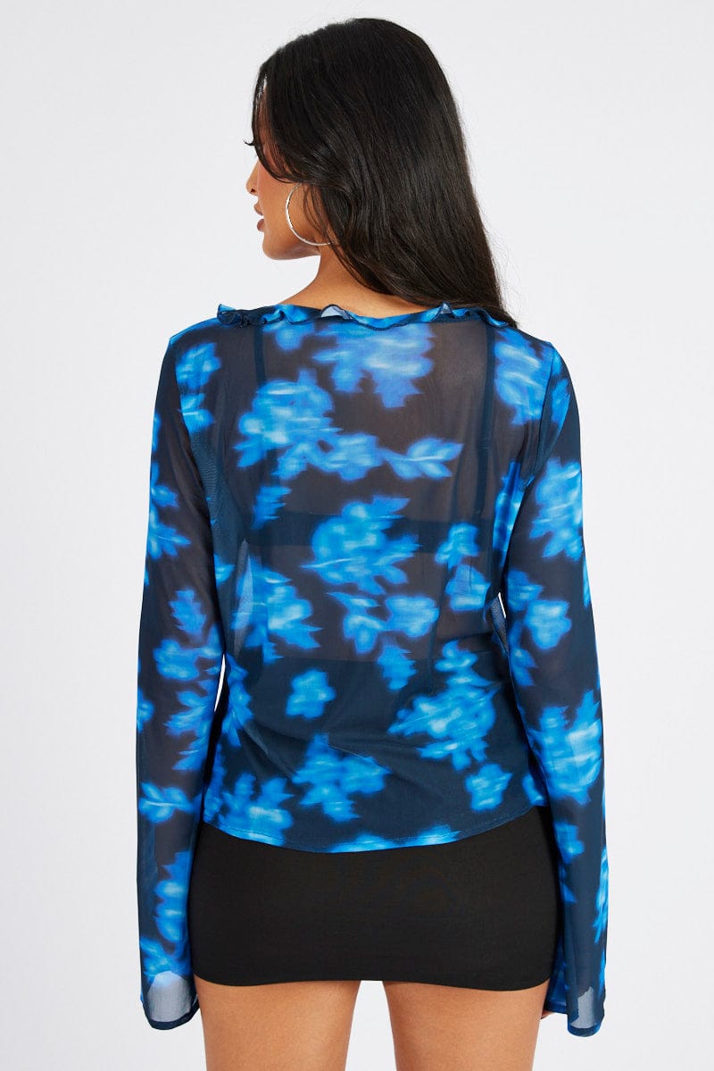 Blue Floral Frill Split Top Tie Front Long Sleeve for Ally Fashion