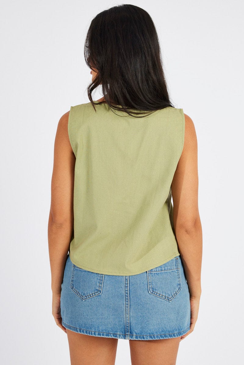 Green Tie Up Top Linen | Ally Fashion