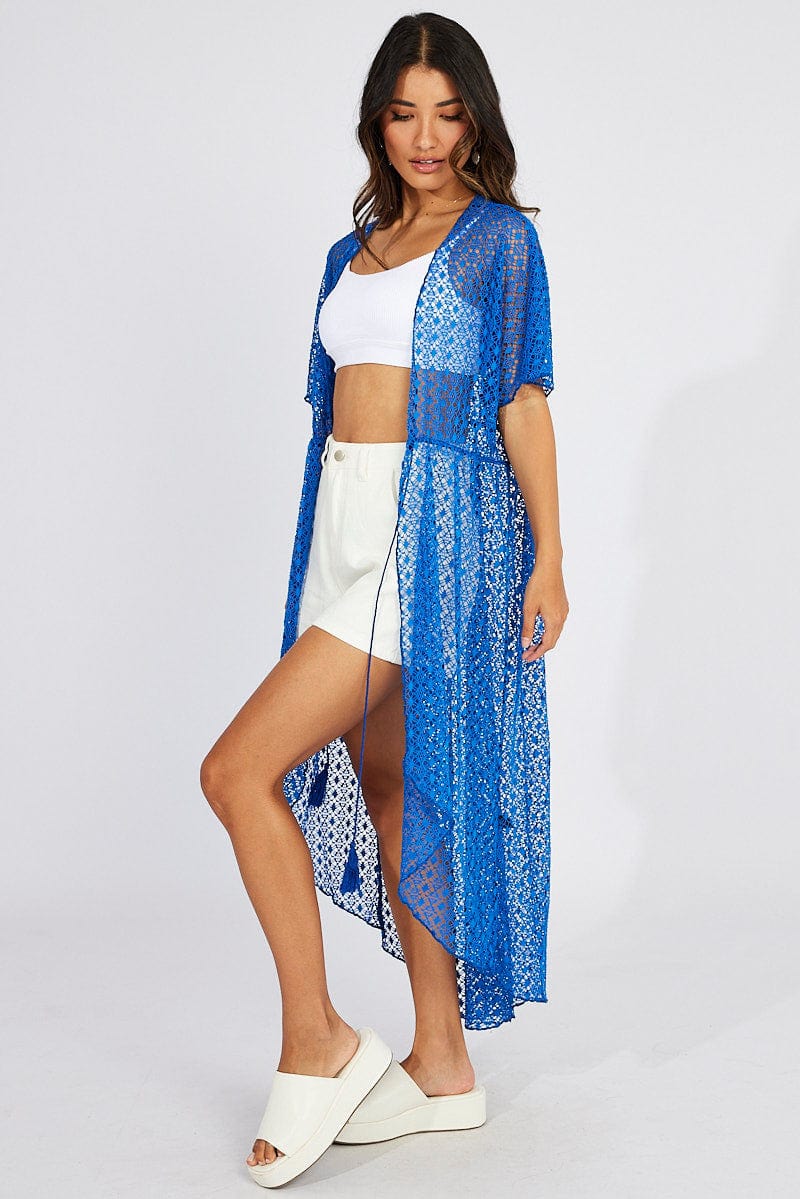 Blue Crochet Cardigan Short Sleeve for Ally Fashion