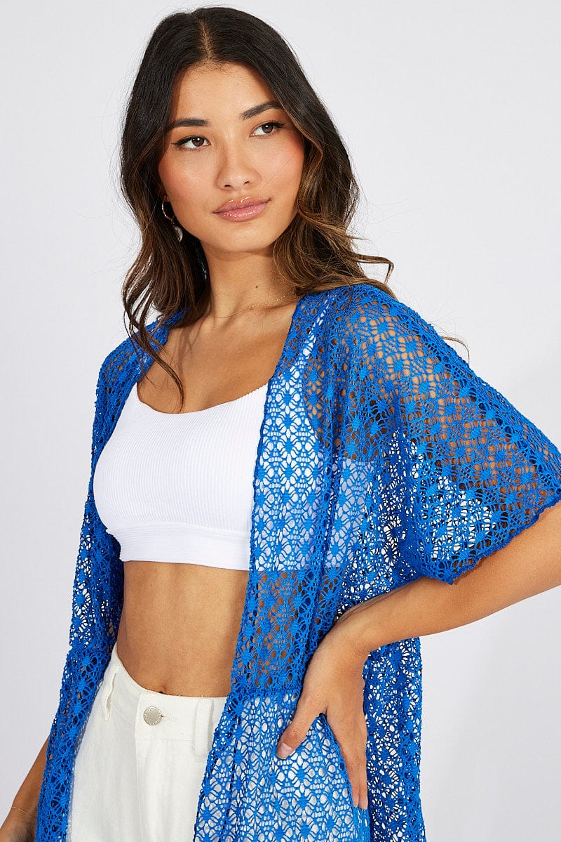 Blue Crochet Cardigan Short Sleeve for Ally Fashion