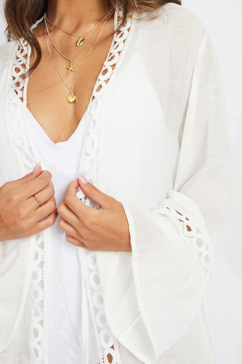 White Tie Front Kimono Long Sleeve Longline for Ally Fashion