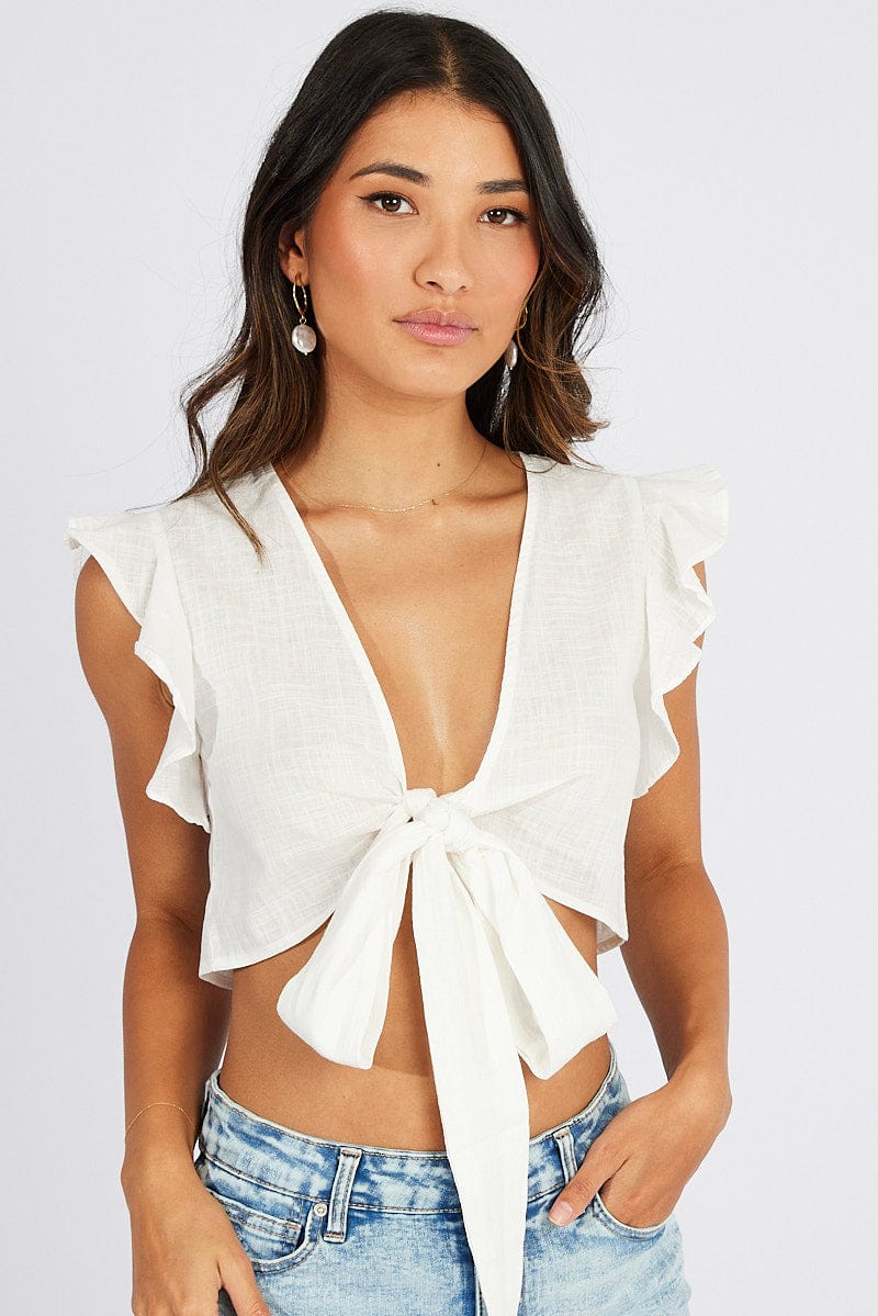 White Ruffle Top Tie Front for Ally Fashion