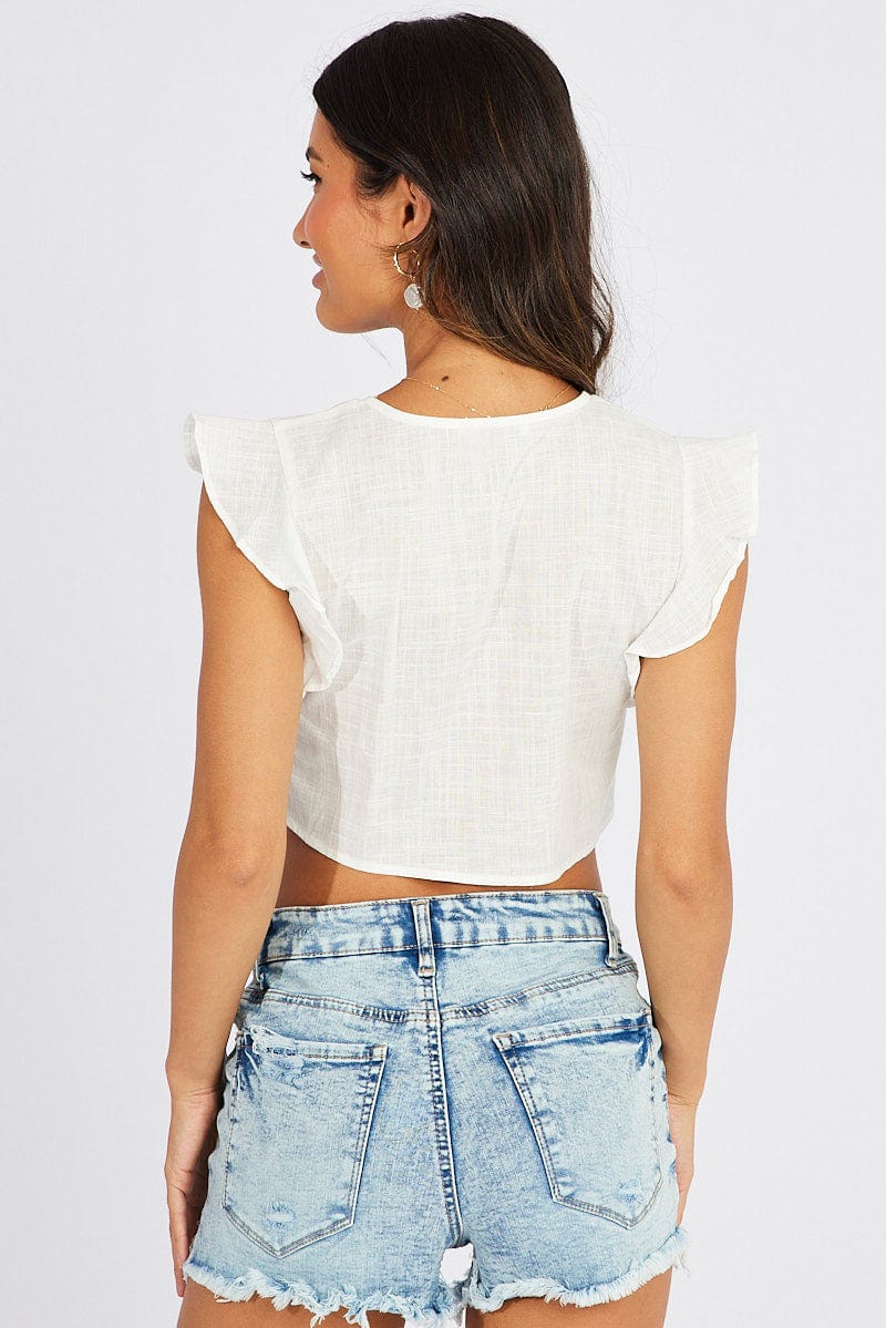 White Ruffle Top Tie Front for Ally Fashion