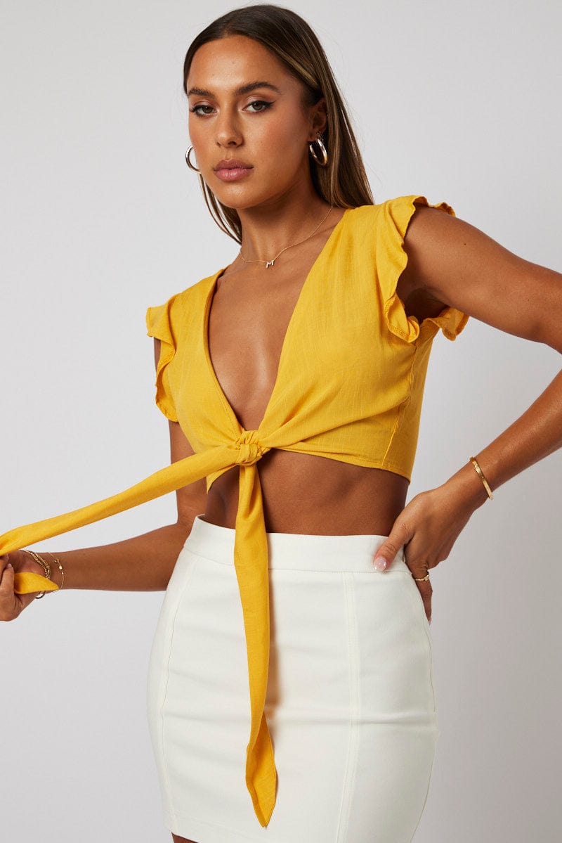 Yellow Ruffle Top Tie Front for Ally Fashion