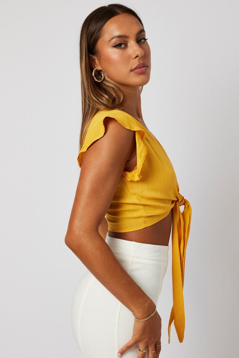 Yellow Ruffle Top Tie Front for Ally Fashion