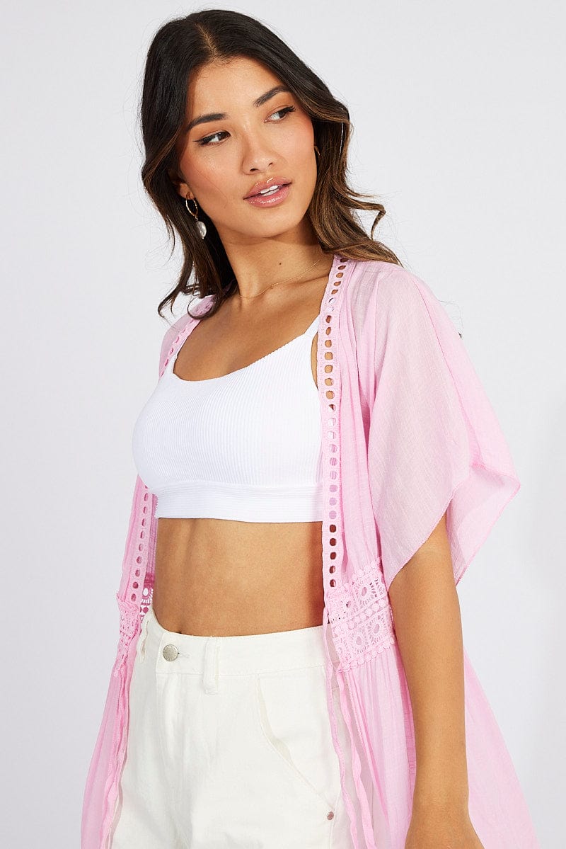 Pink Tie Front Kimono Short Sleeve Longline for Ally Fashion
