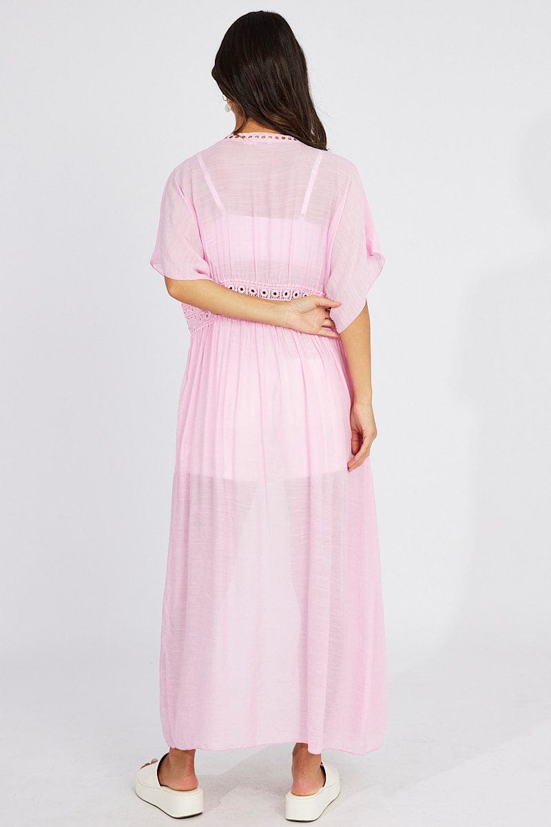 Pink Tie Front Kimono Short Sleeve Longline for Ally Fashion
