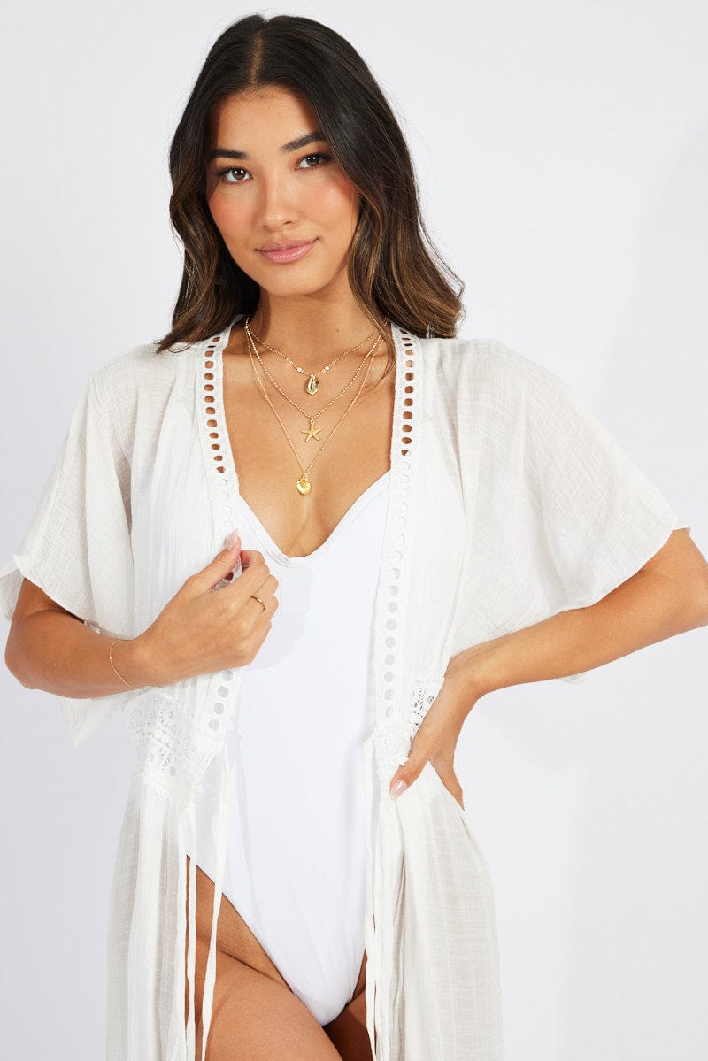 White Tie Front Kimono Short Sleeve Longline for Ally Fashion