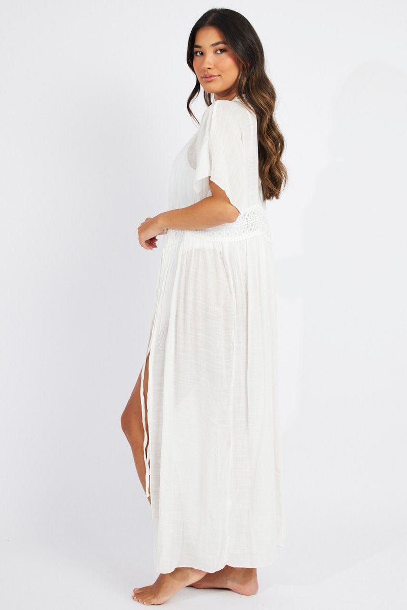 White Tie Front Kimono Short Sleeve Longline for Ally Fashion