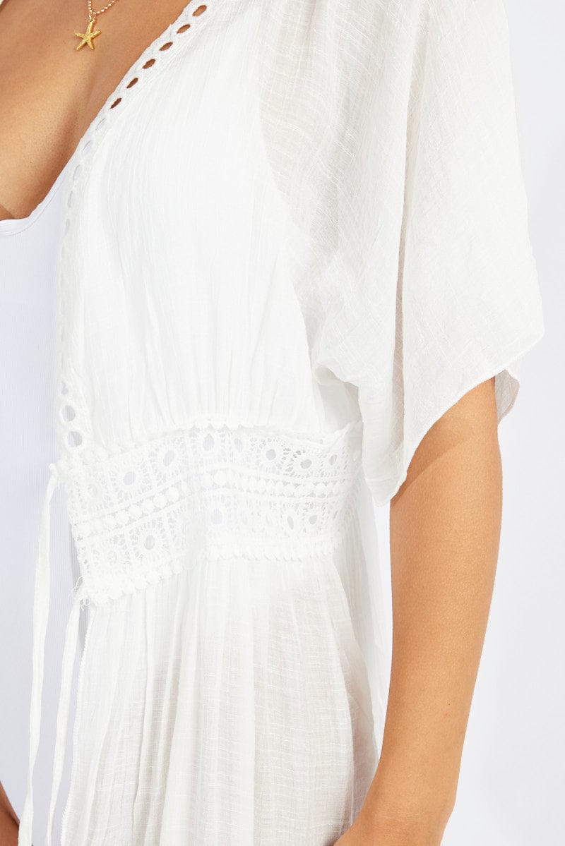 White Tie Front Kimono Short Sleeve Longline for Ally Fashion