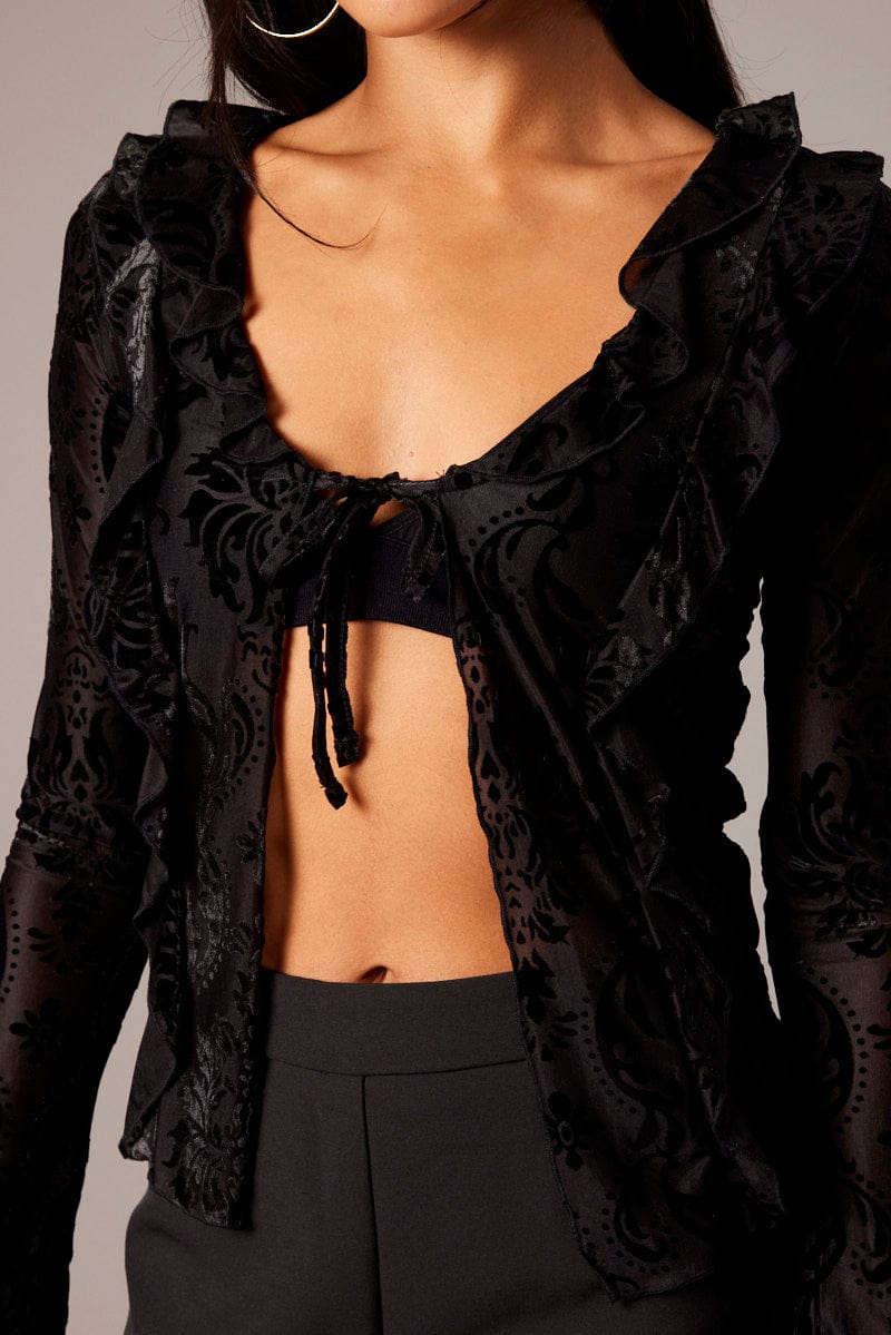 Black Ruffle Cardigan Long Sleeve for Ally Fashion