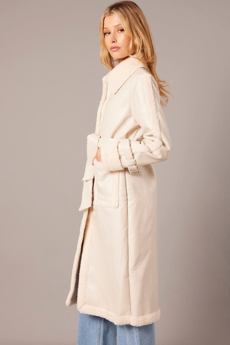Camel Long Coat Shearling Lined Faux Leather for Ally Fashion