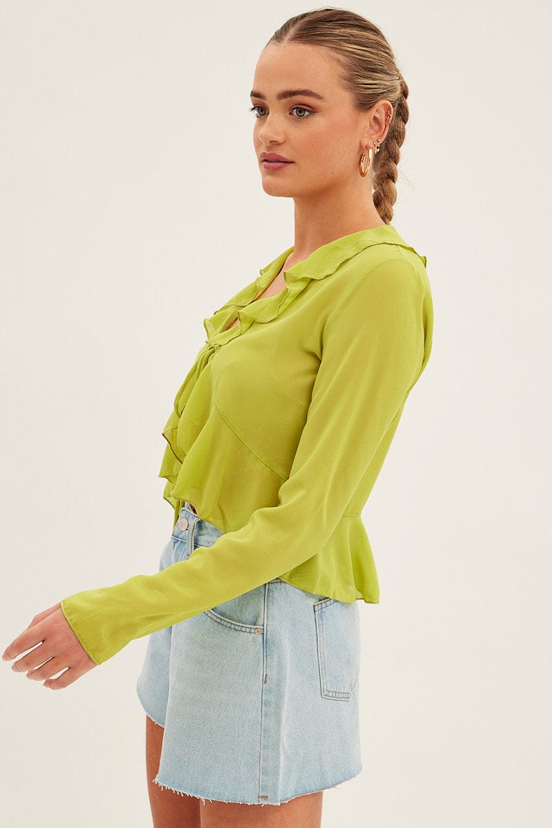 Green Bolero Flare Long Sleeve Frill V Neck Tie Chiffon | Ally Fashion