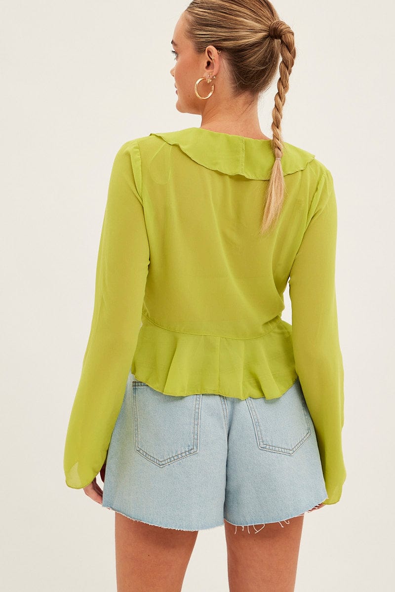 Green Bolero Flare Long Sleeve Frill V Neck Tie Chiffon | Ally Fashion