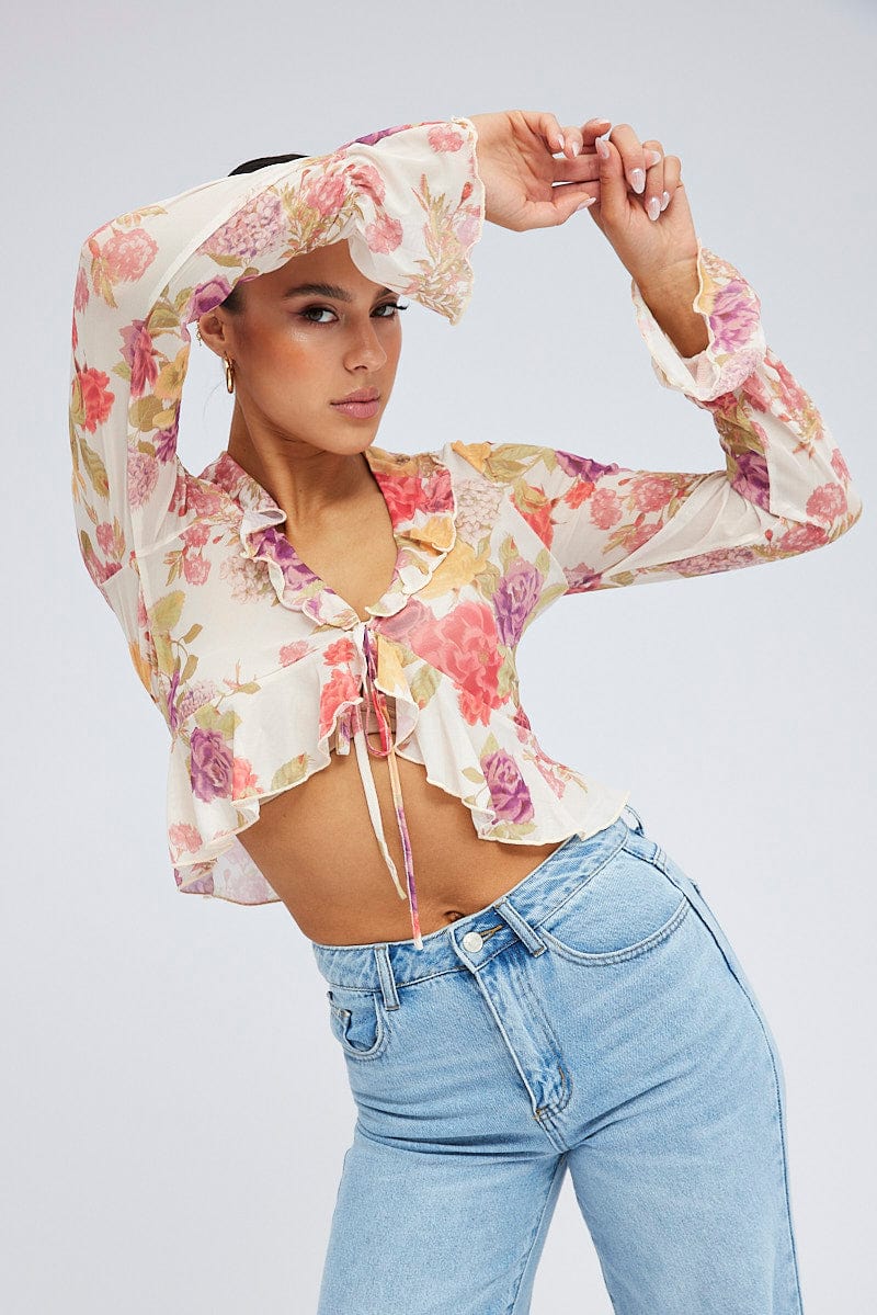 White Floral Bolero Long Sleeve V Neck for Ally Fashion