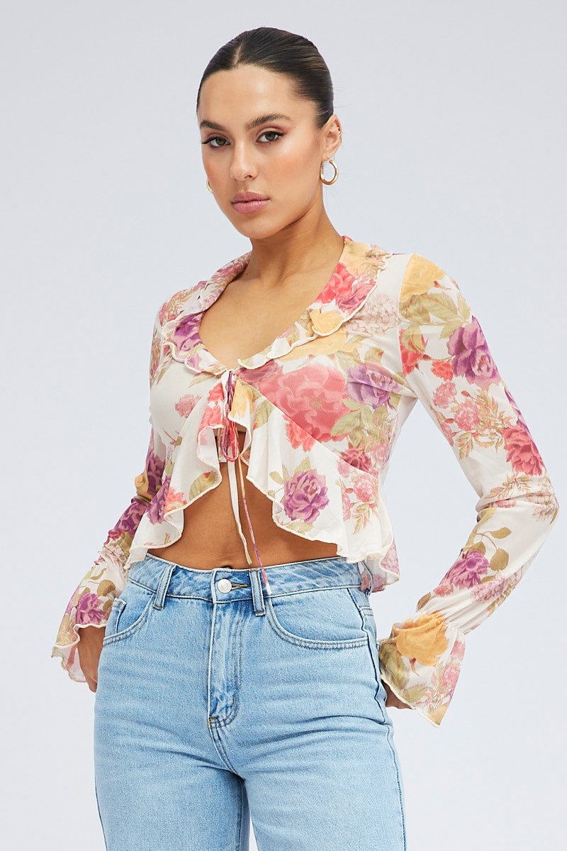 White Floral Bolero Long Sleeve V Neck for Ally Fashion