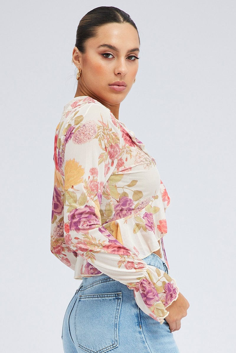 White Floral Bolero Long Sleeve V Neck for Ally Fashion