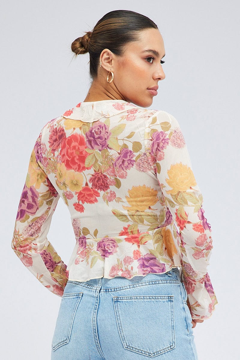 White Floral Bolero Long Sleeve V Neck for Ally Fashion