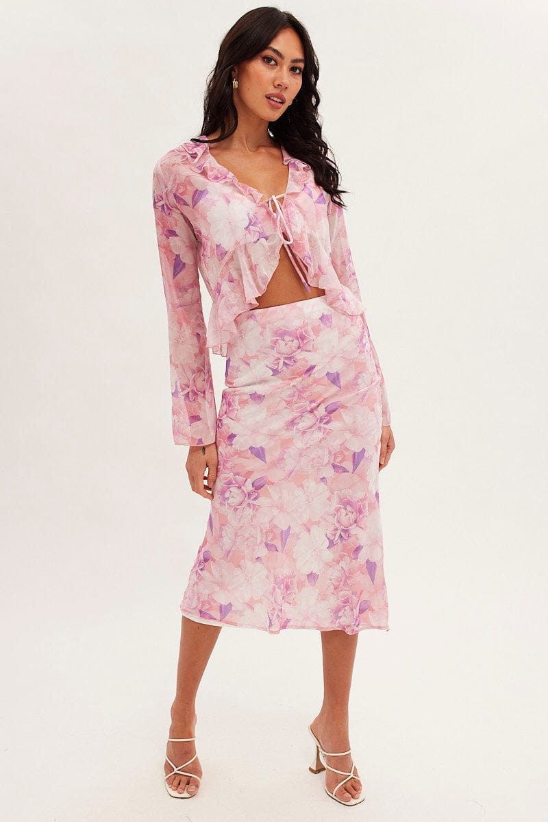 Pink Floral Bolero Flare Long Sleeve V Neck Floral Chiffon for Ally Fashion