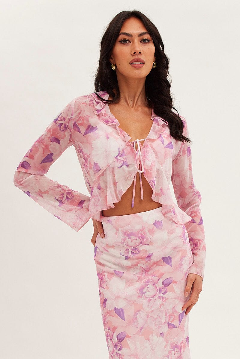 Pink Floral Bolero Flare Long Sleeve V Neck Floral Chiffon for Ally Fashion