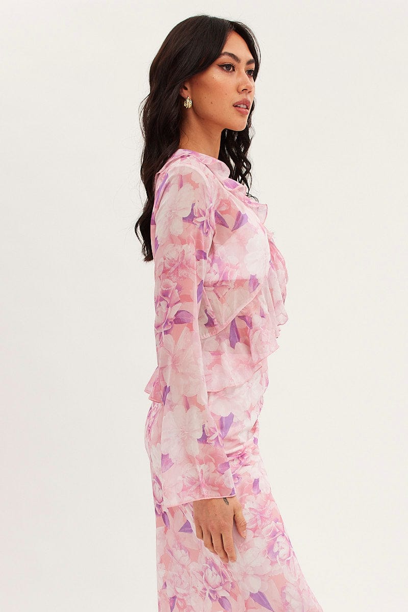 Pink Floral Bolero Flare Long Sleeve V Neck Floral Chiffon for Ally Fashion